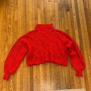 Free People Vibrant Red Cropped Cable Knit Turtleneck Sweater